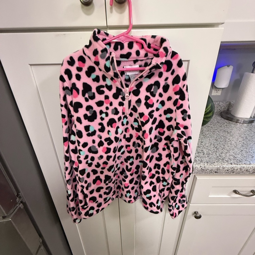 Place Pink Leopard Print Fleece Pullover with Black Spots and Mint Accents